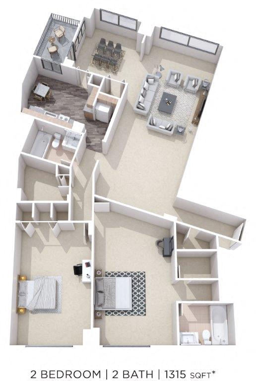 Floor plan for 2 beds, 2 baths, 1315 sqft