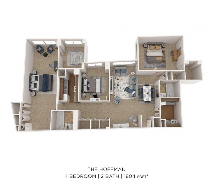 Floor plan for 4 beds, 2 baths, 1755 sqft