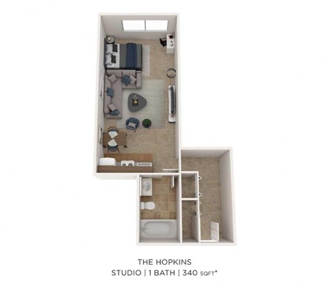 Floor plan for studio, 1 bath, 340 sqft