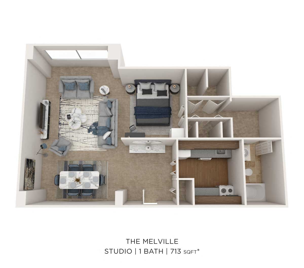 Floor plan for studio, 1 bath, 713 sqft