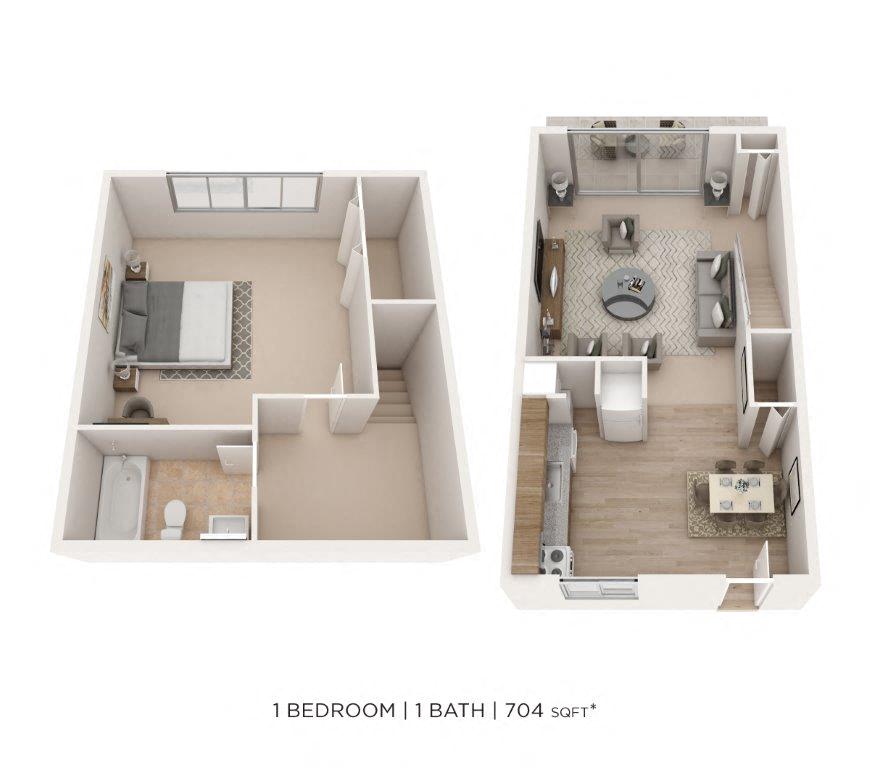Floor plan for 1 bed, 1 bath, 704 sqft