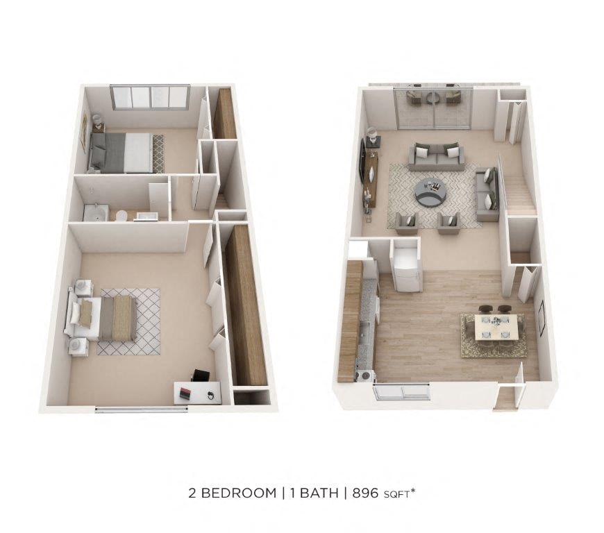 Floor plan for 2 beds, 1 bath, 896 sqft