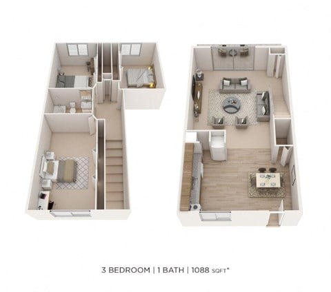 Floor plan for 3 beds, 1 bath, 1088 sqft