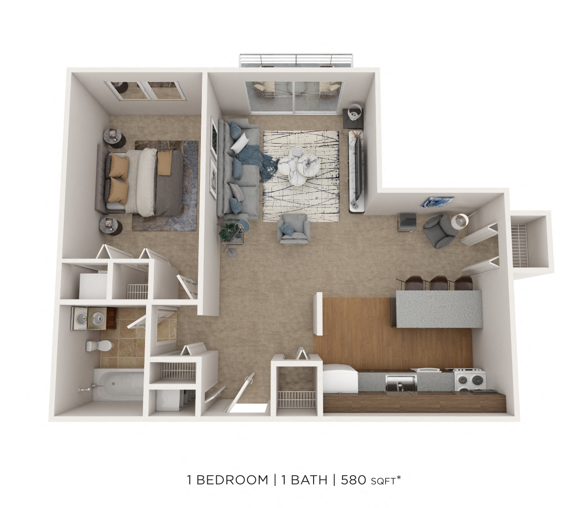 Floor plan for 1 bed, 1 bath, 580 sqft