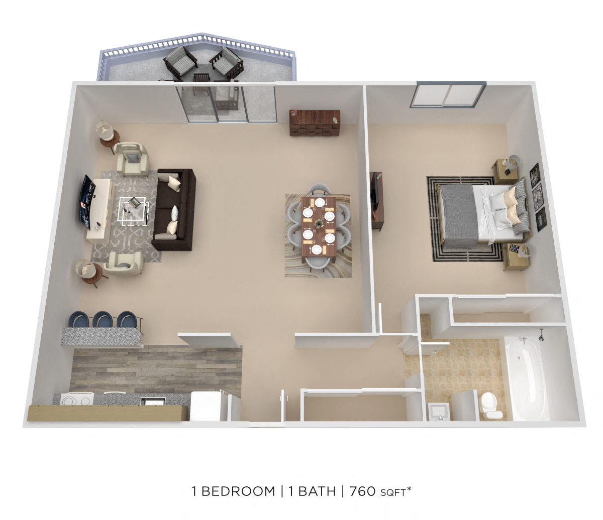 Floor plan for 1 bed, 1 bath, 759 sqft