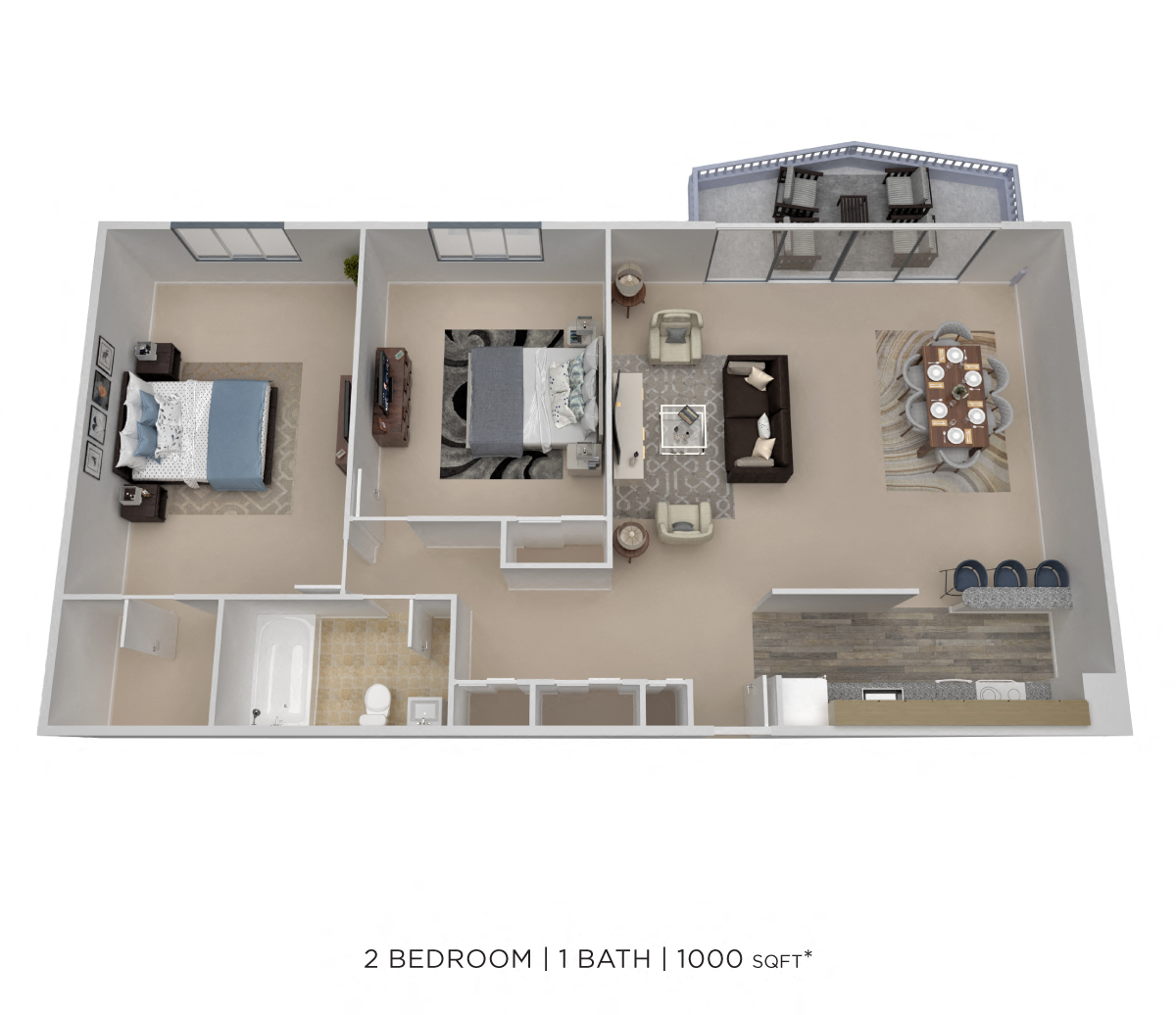 Floor plan for 2 beds, 1 bath, 1000 sqft