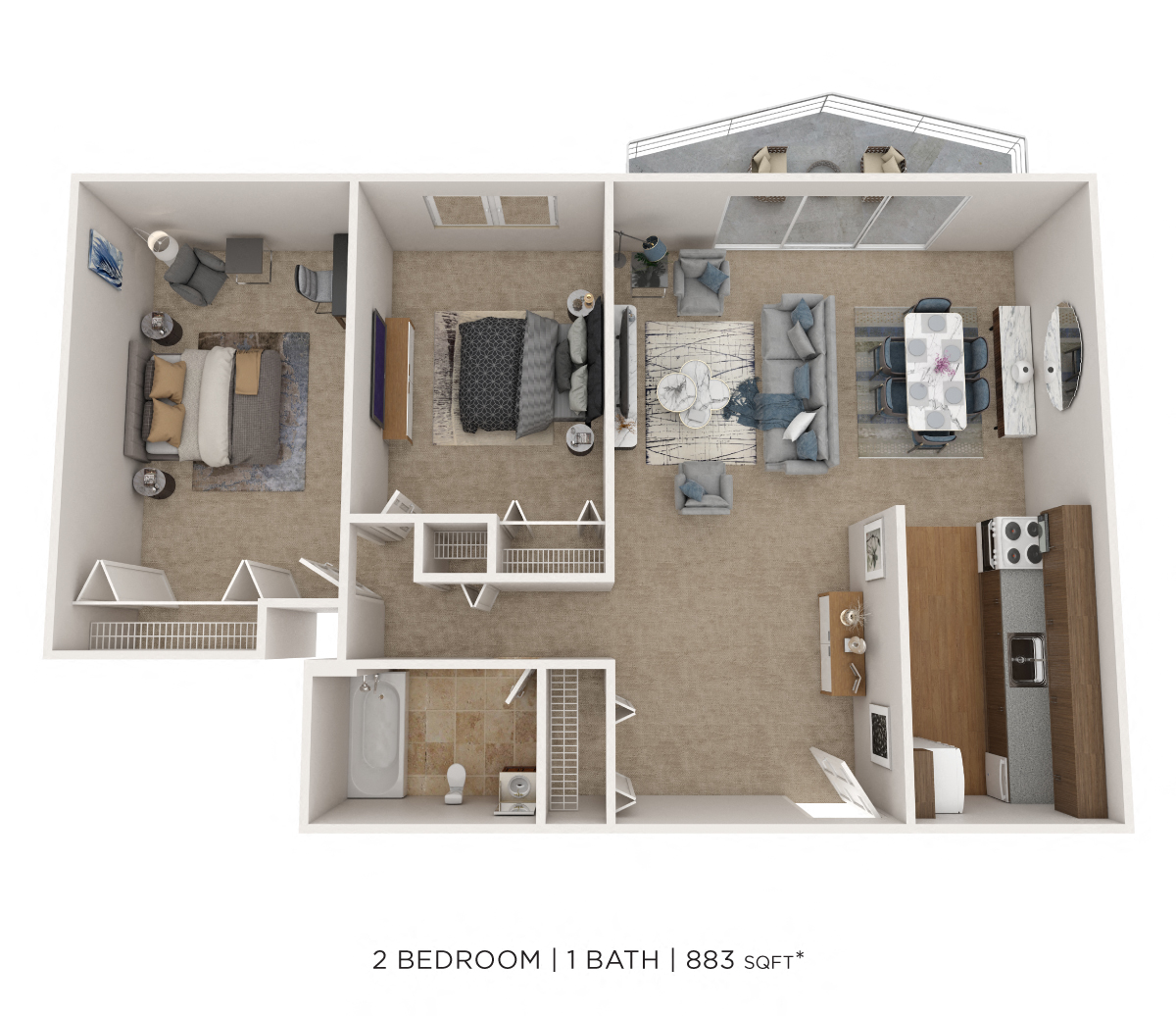 Floor plan for 2 beds, 1 bath, 883 sqft