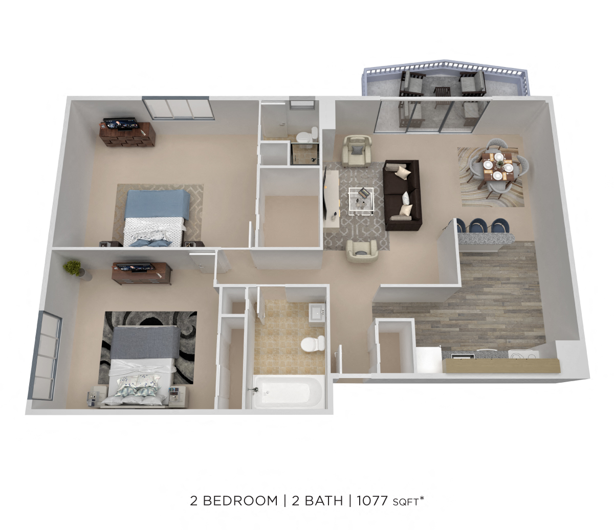 Floor plan for 2 beds, 2 baths, 1077 sqft