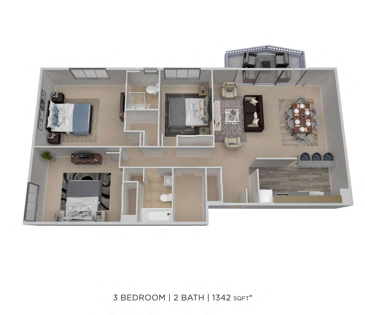 Floor plan for 3 beds, 2 baths, 1342 sqft