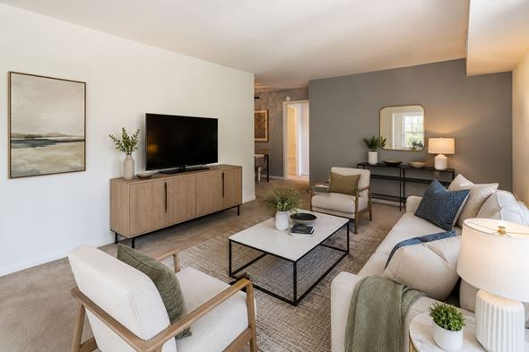 Dover apartment for rent - A living room with a white sofa, a wooden chair, a coffee table, a TV, and a painting on the wall.