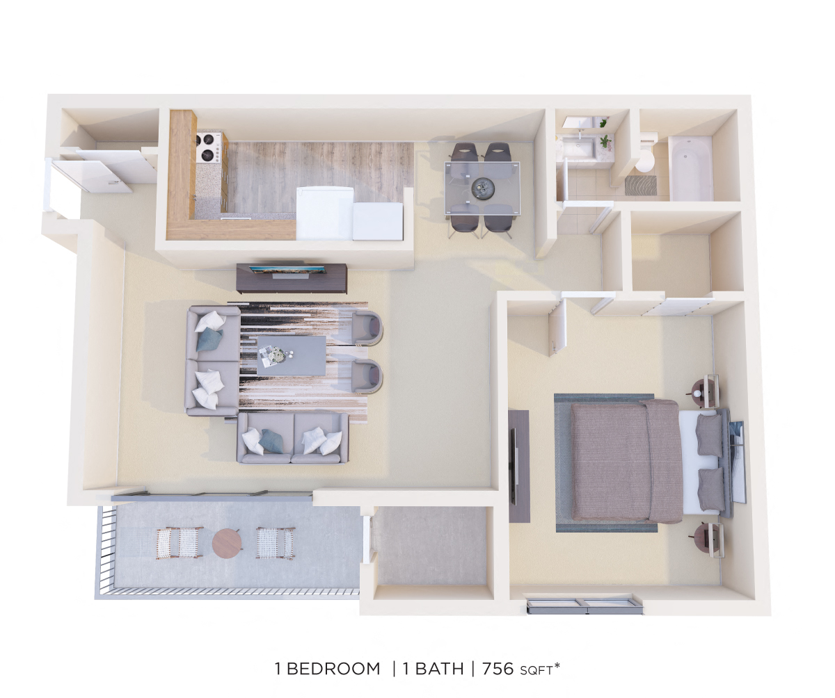 Floor plan for 1 bed, 1 bath, 756 sqft