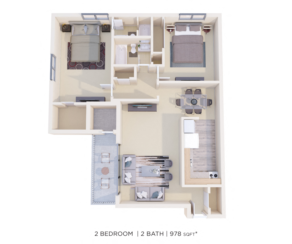 Floor plan for 2 beds, 2 baths, 978 sqft