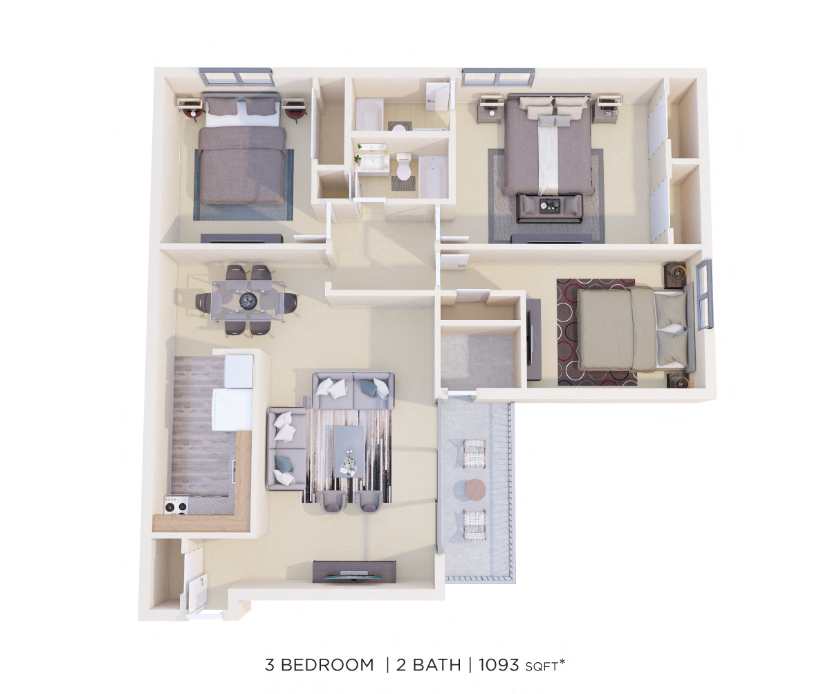 Floor plan for 3 beds, 2 baths, 1093 sqft