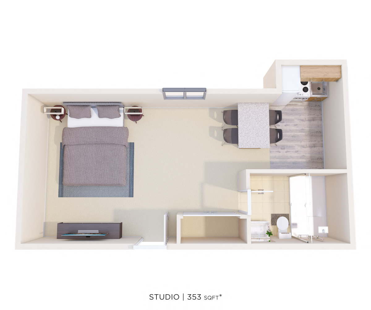 Floor plan for studio, 1 bath, 353 sqft