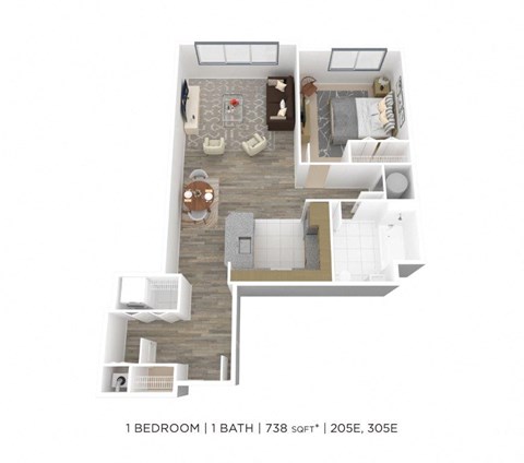 Floor plan for 1 bed, 1 bath, 738 sqft