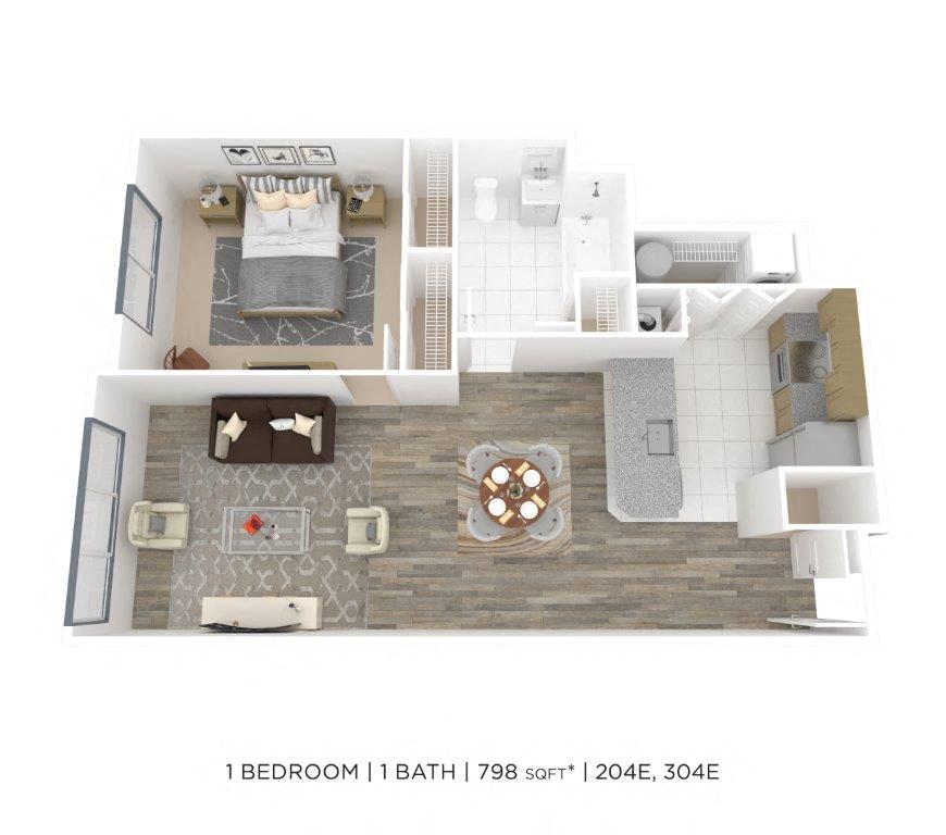 Floor plan for 1 bed, 1 bath, 798 sqft