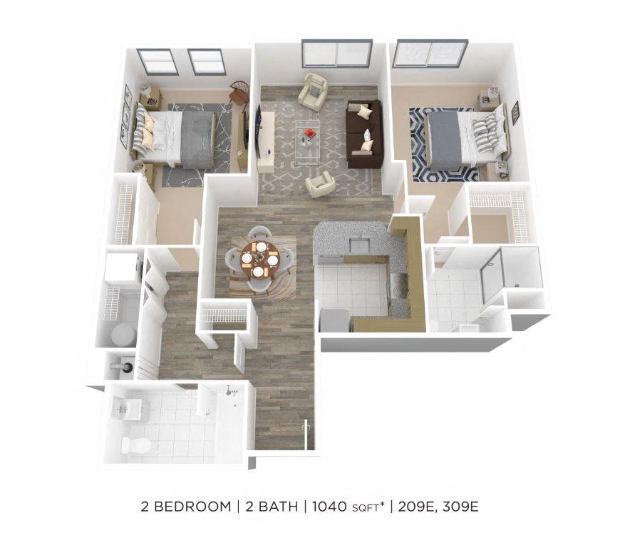 Floor plan for 2 beds, 2 baths, 1040 sqft