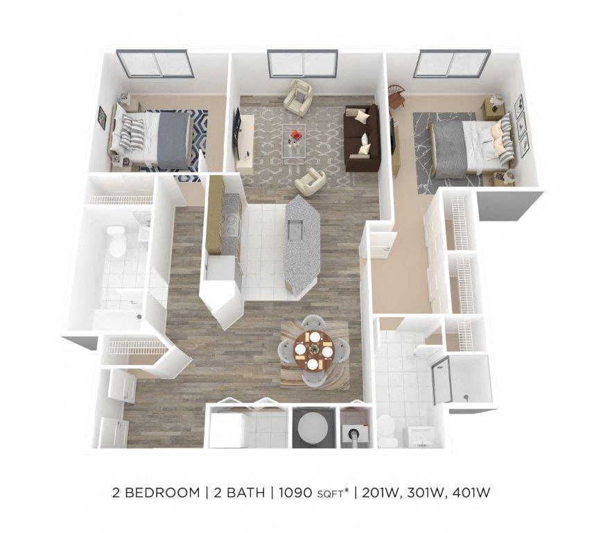 Floor plan for 2 beds, 2 baths, 1090 sqft