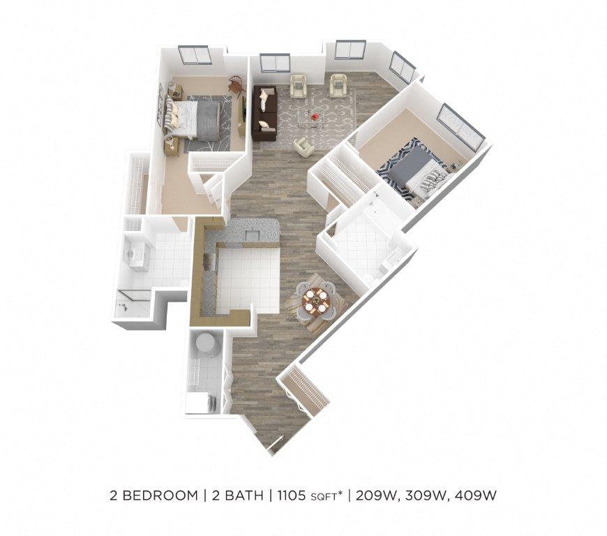 Floor plan for 2 beds, 2 baths, 1105 sqft