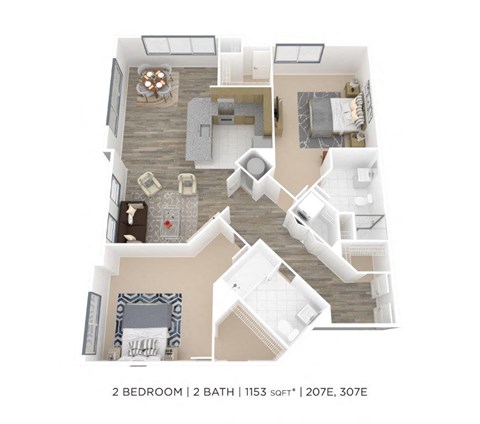 Floor plan for 2 beds, 2 baths, 1153 sqft