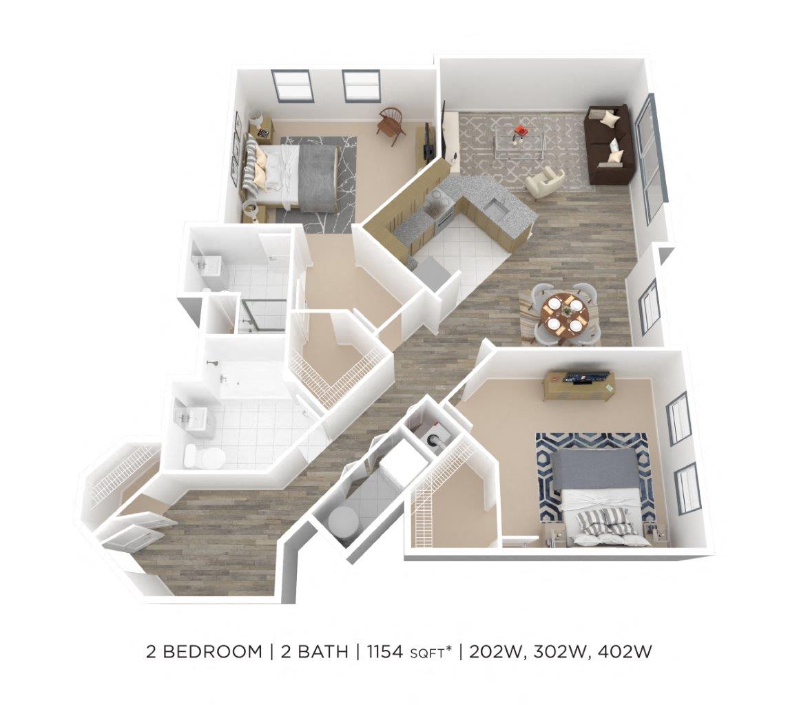Floor plan for 2 beds, 2 baths, 1154 sqft