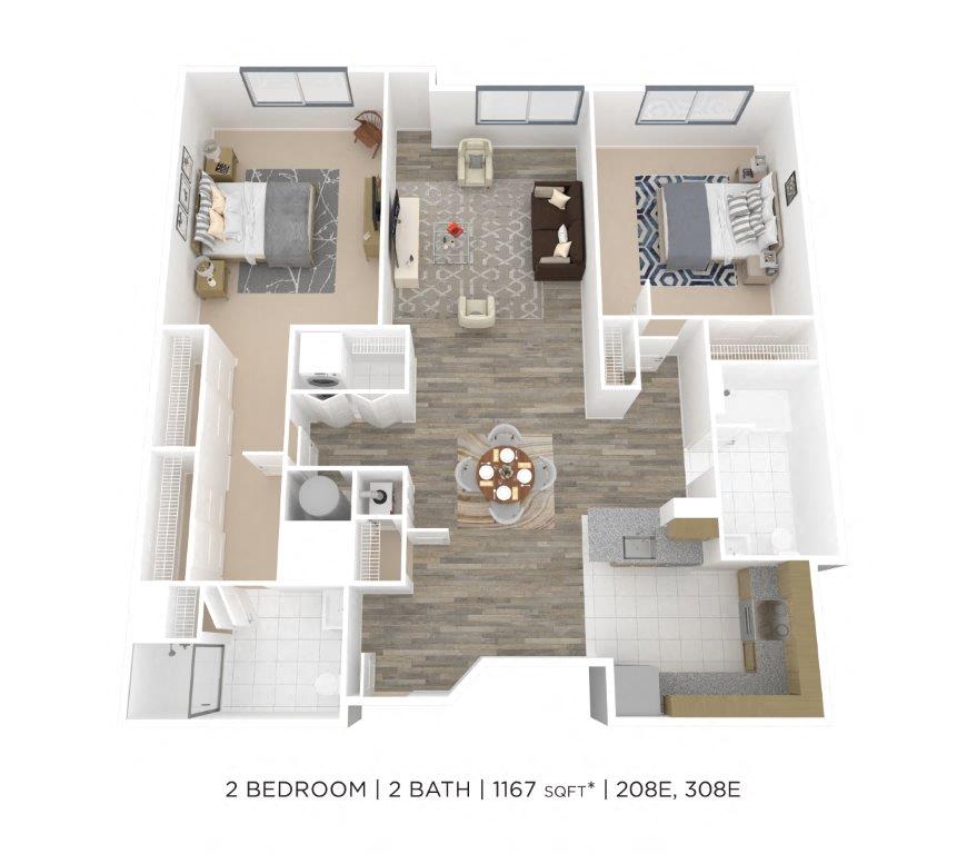 Floor plan for 2 beds, 2 baths, 1167 sqft