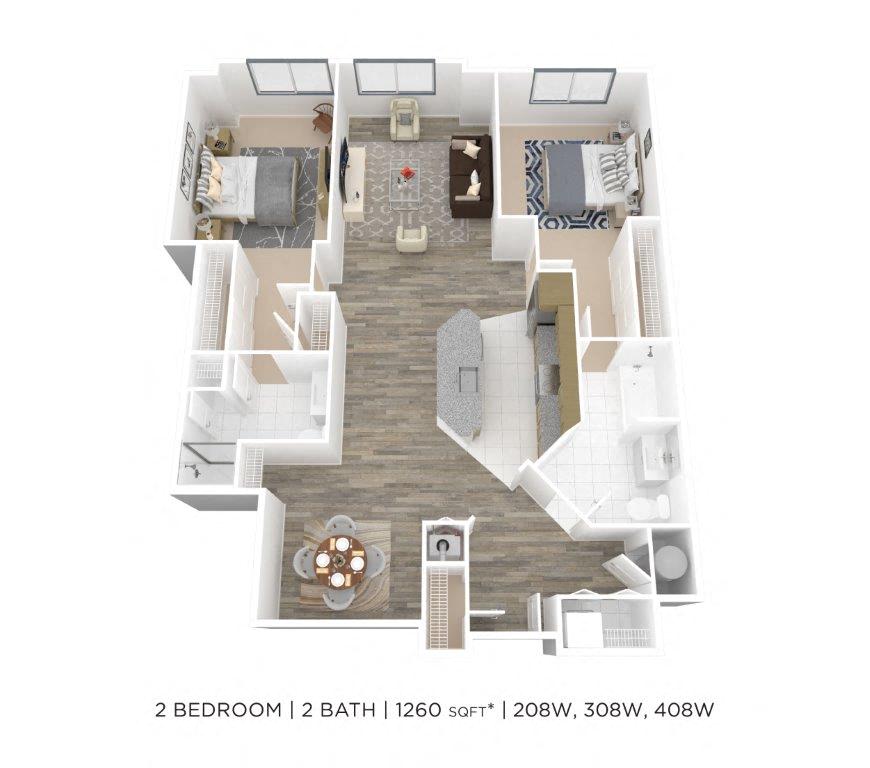 Floor plan for 2 beds, 2 baths, 1260 sqft
