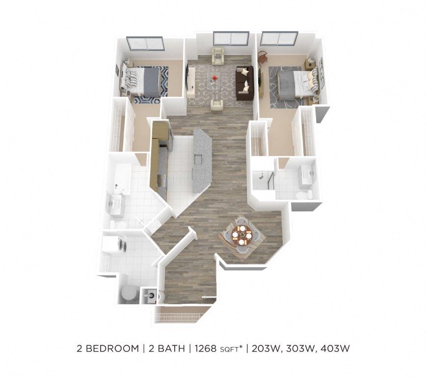 Floor plan for 2 beds, 2 baths, 1268 sqft