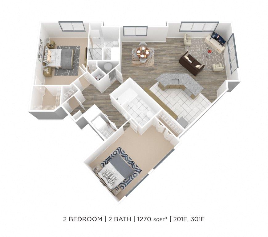 Floor plan for 2 beds, 2 baths, 1270 sqft