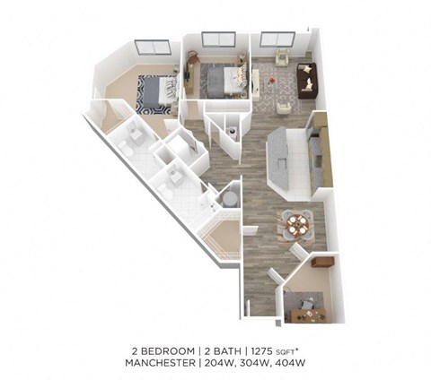 Floor plan for 2 beds, 2 baths, 1275 sqft