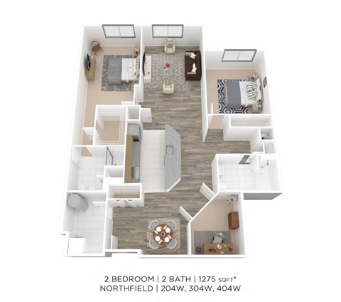Floor plan for 2 beds, 2 baths, 1275 sqft