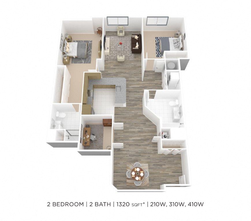 Floor plan for 2 beds, 2 baths, 1320 sqft