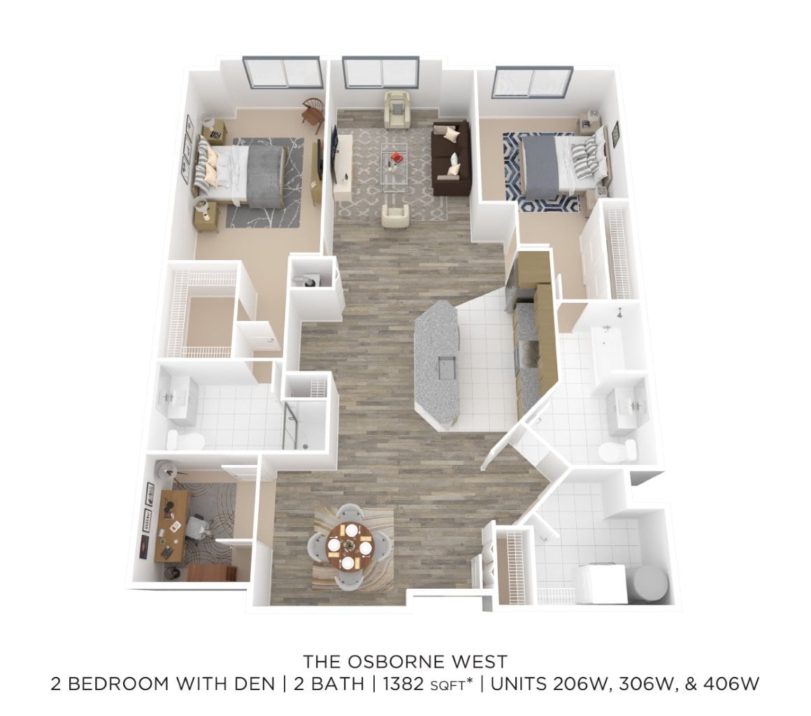 Floor plan for 2 beds, 2 baths, 1382 sqft