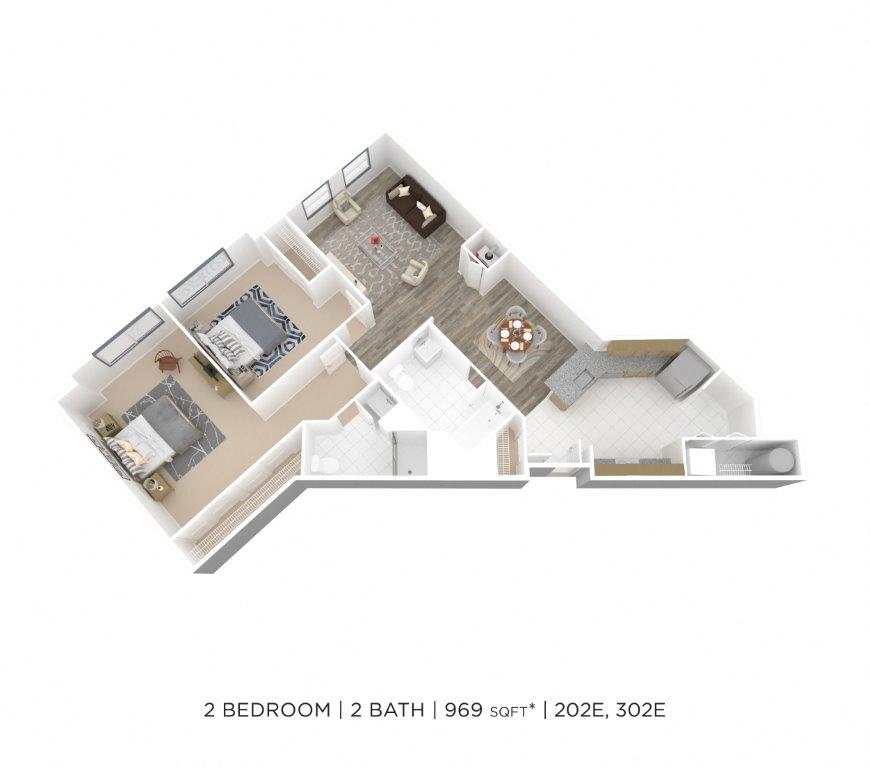 Floor plan for 2 beds, 2 baths, 969 sqft