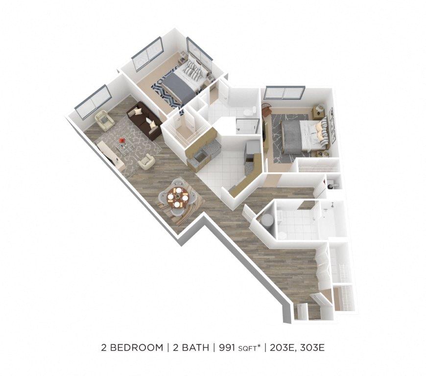 Floor plan for 2 beds, 2 baths, 991 sqft