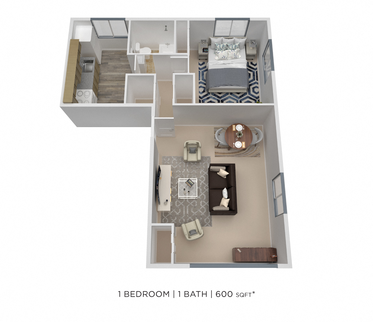 Floor plan for 1 bed, 1 bath, 600 sqft