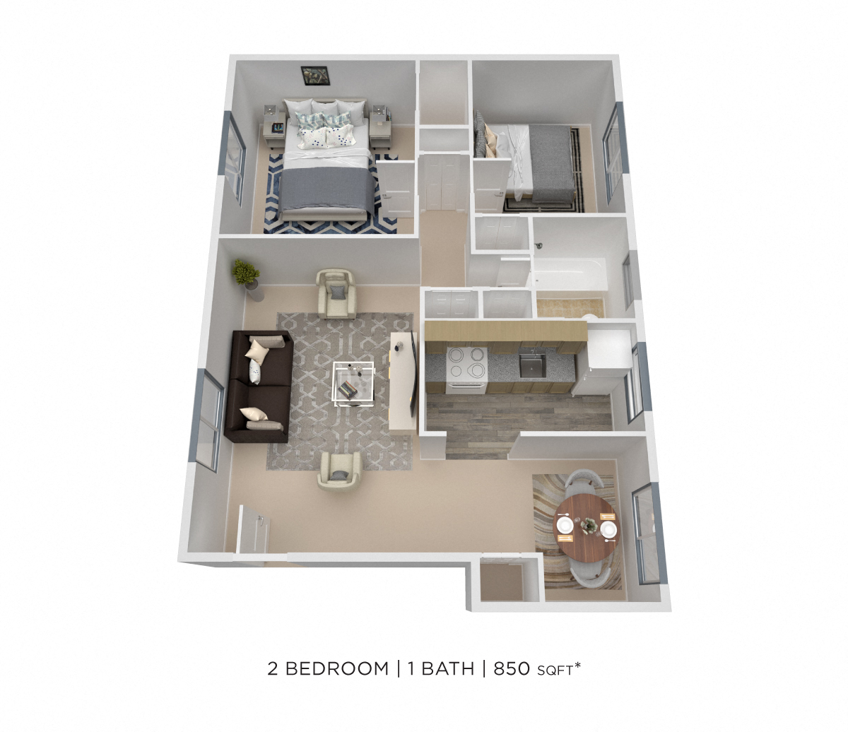 Floor plan for 2 beds, 1 bath, 850 sqft