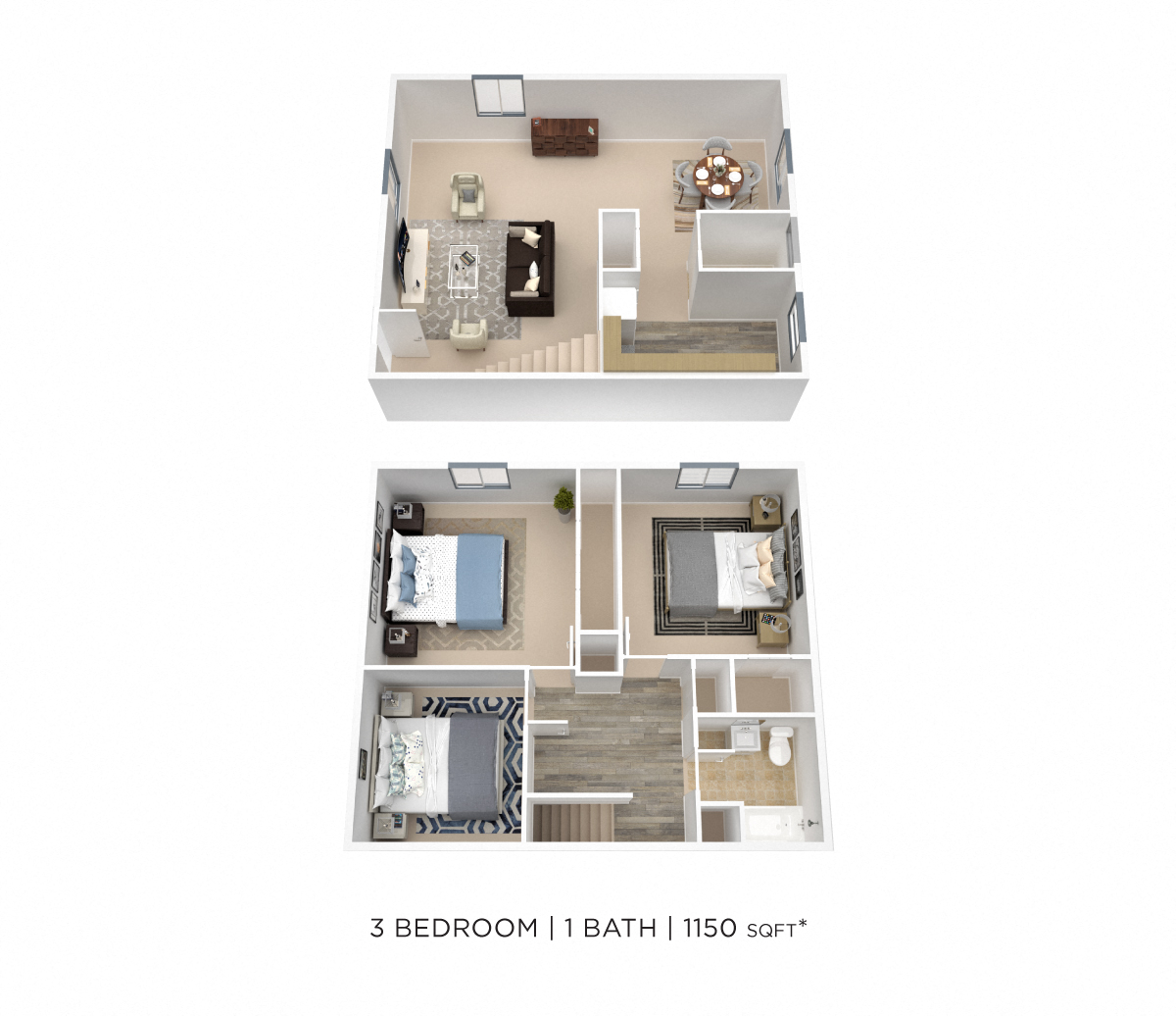 Floor plan for 3 beds, 1.5 baths, 1150 sqft