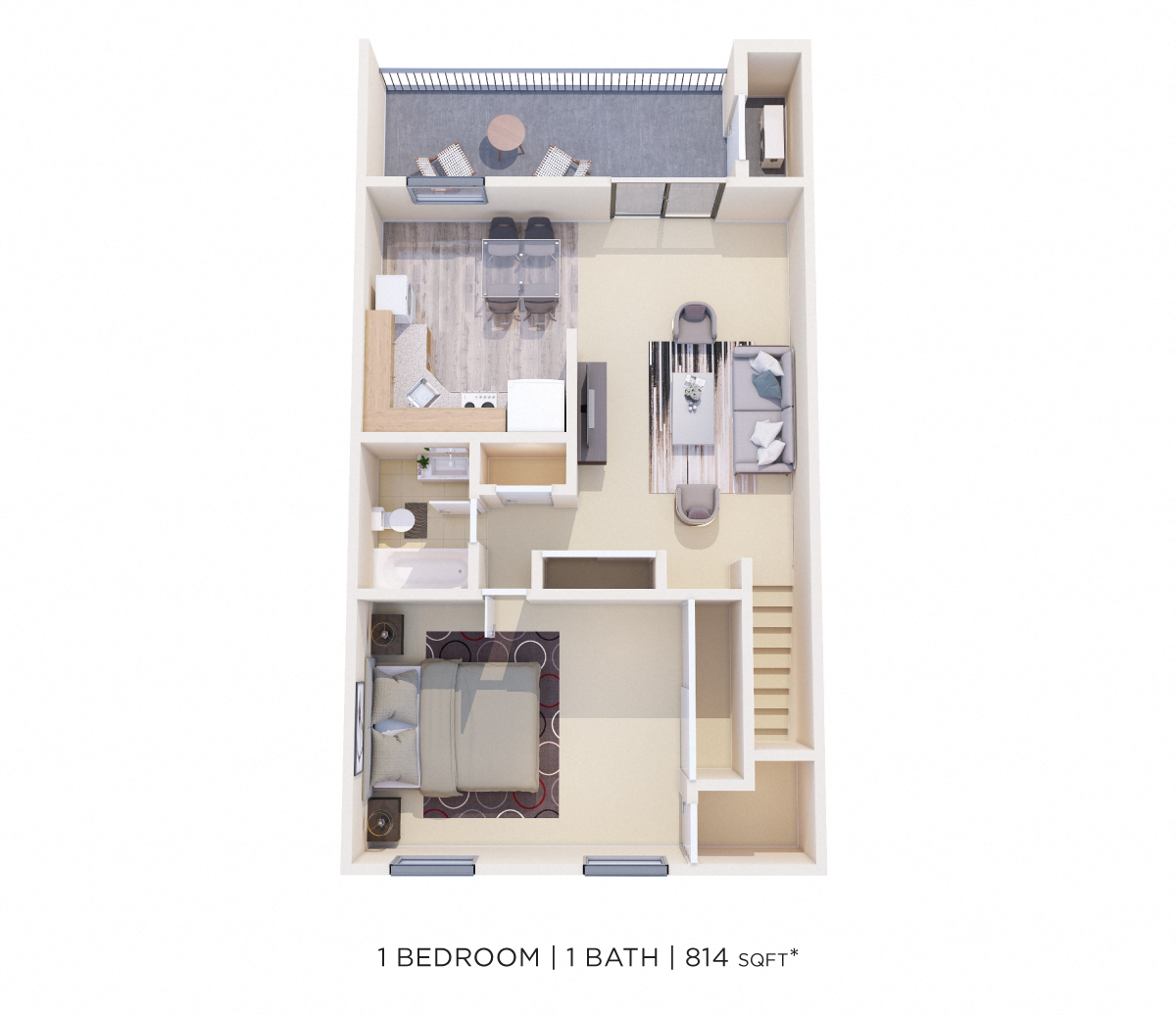 Floor plan for 1 bed, 1 bath, 814 sqft