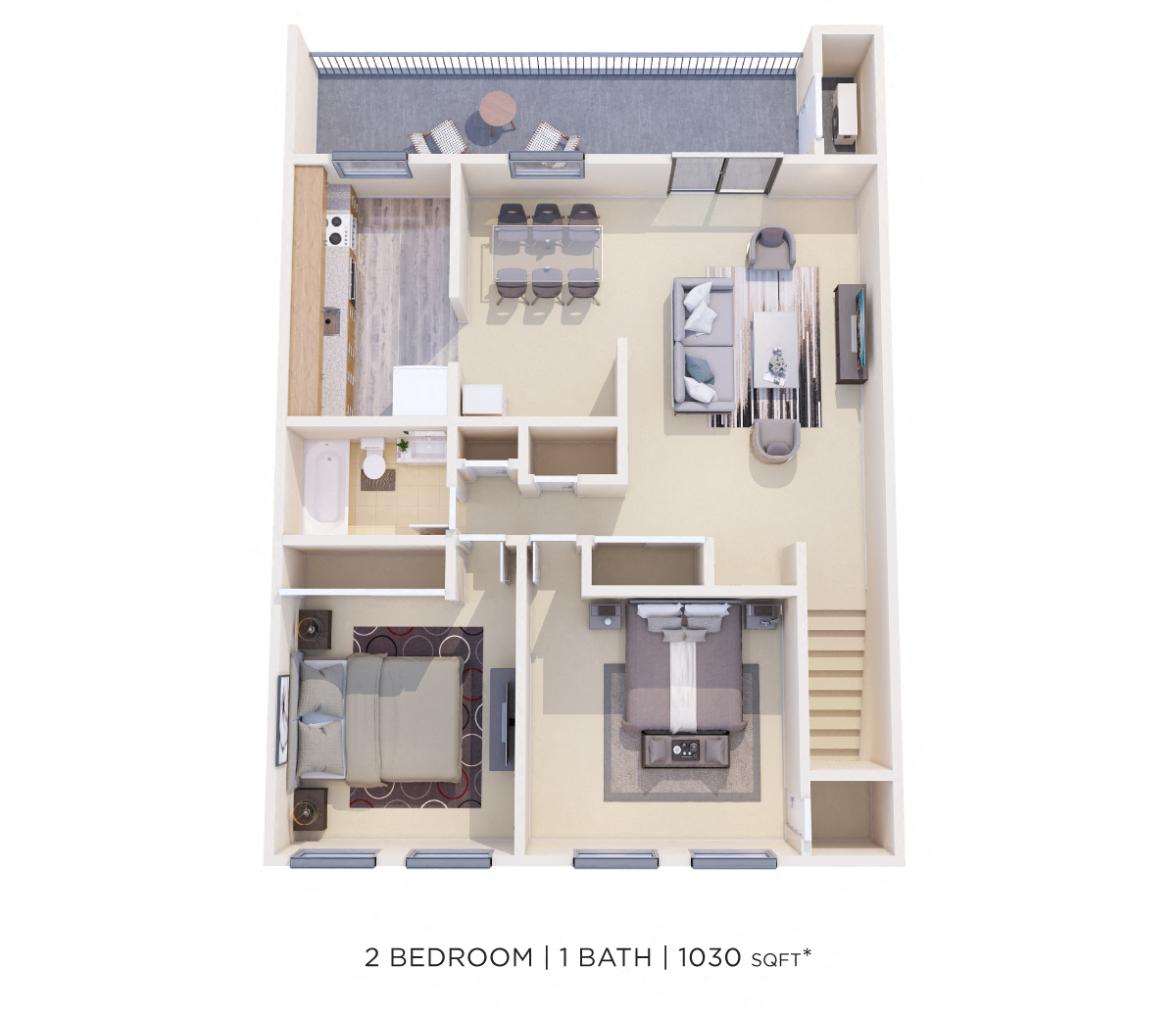 Floor plan for 2 beds, 1 bath, 1030 sqft