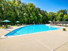 Eatontown apartment for rent - A large swimming pool surrounded by trees and lounge chairs.