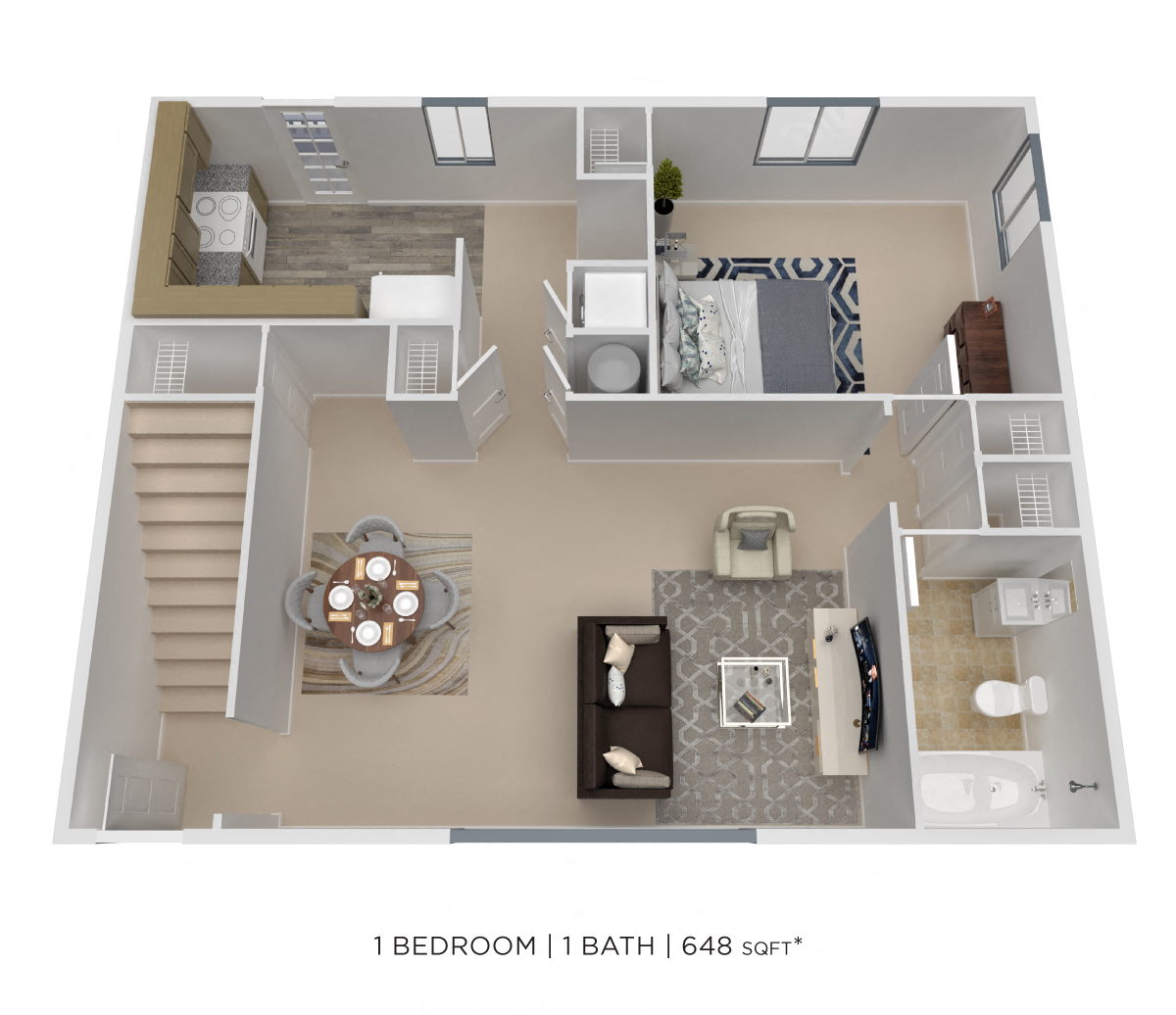 Floor plan for 1 bed, 1 bath, 648 sqft