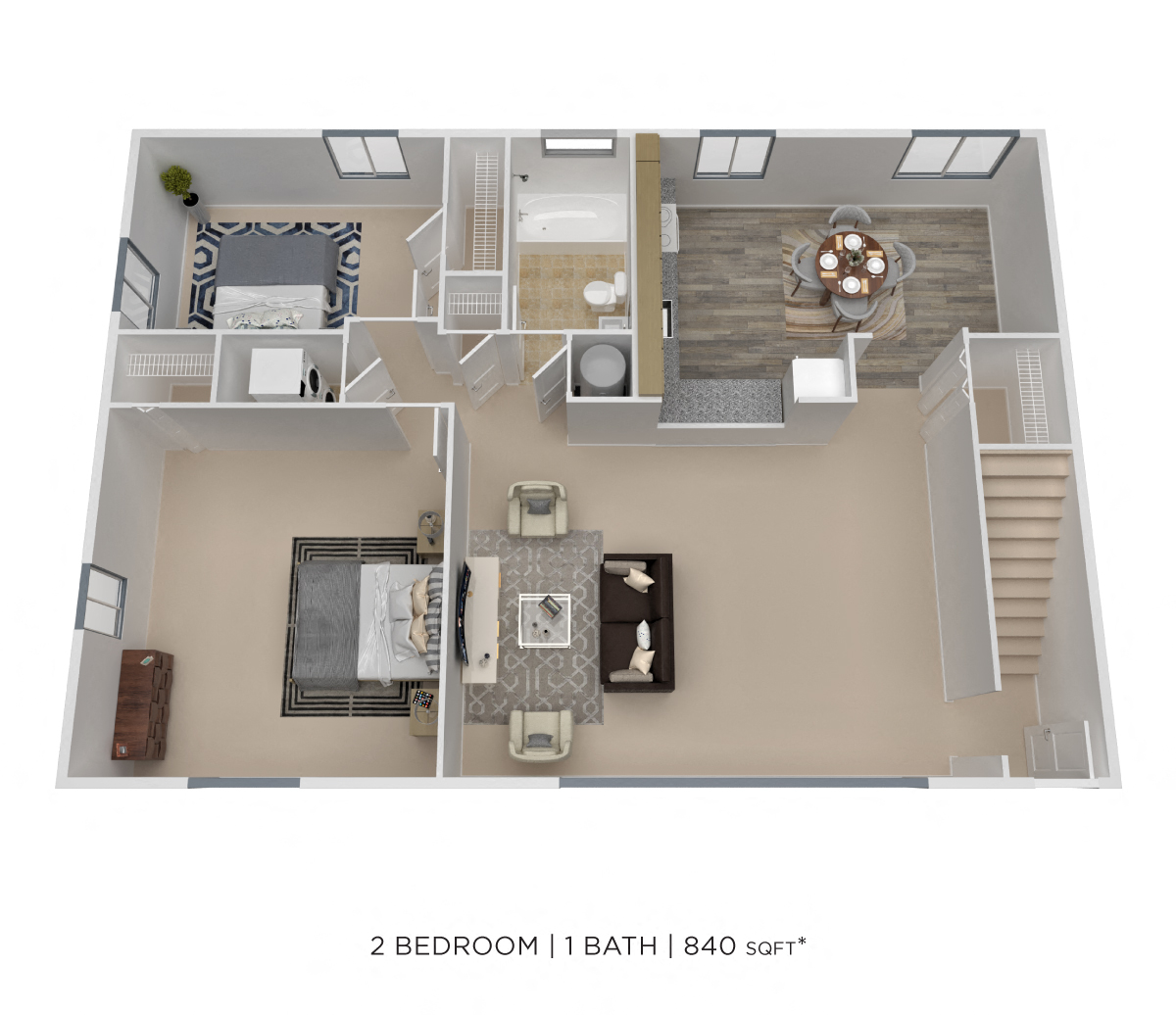 Floor plan for 2 beds, 1 bath, 840 sqft