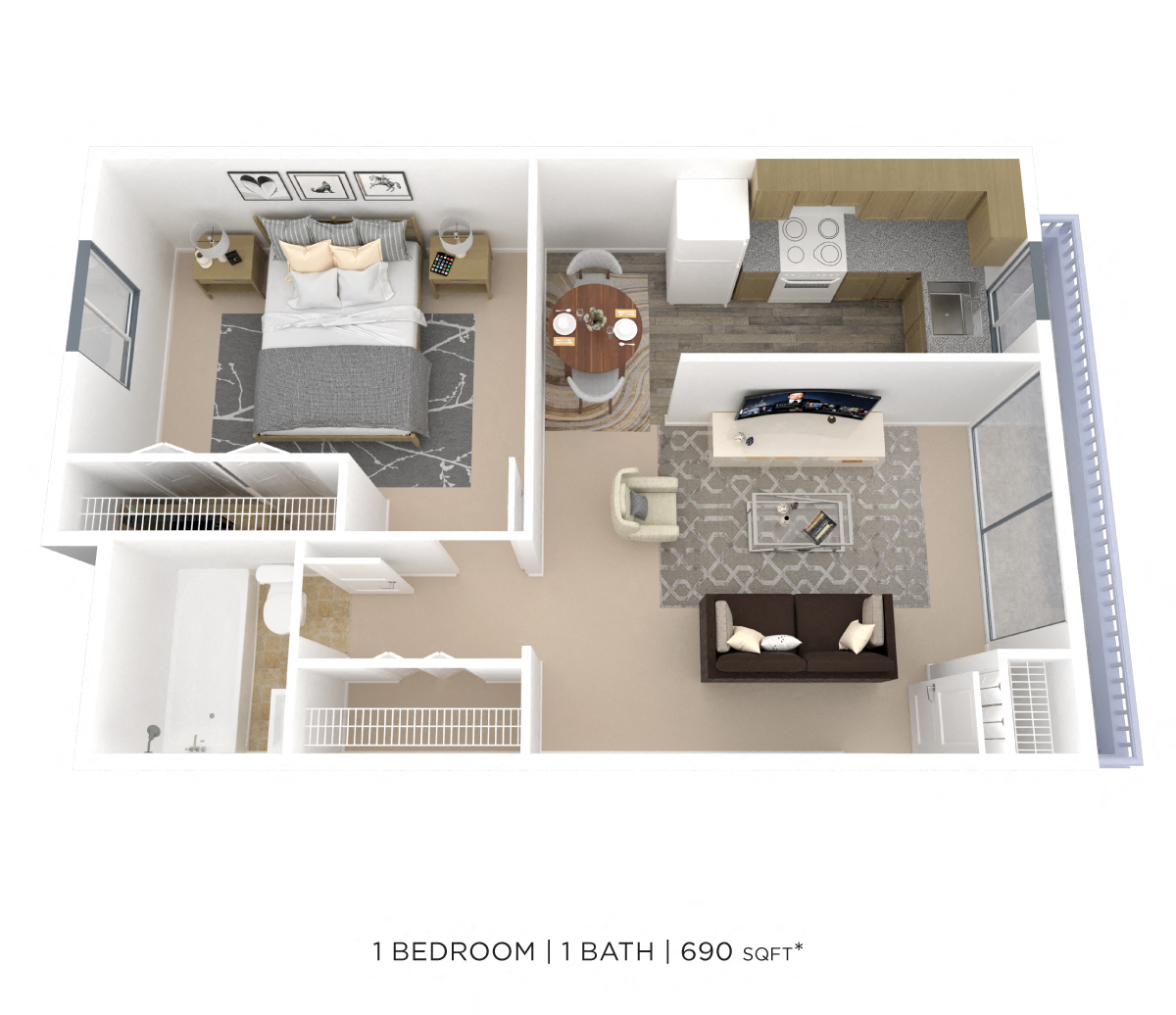 Floor plan for 1 bed, 1 bath, 690 sqft