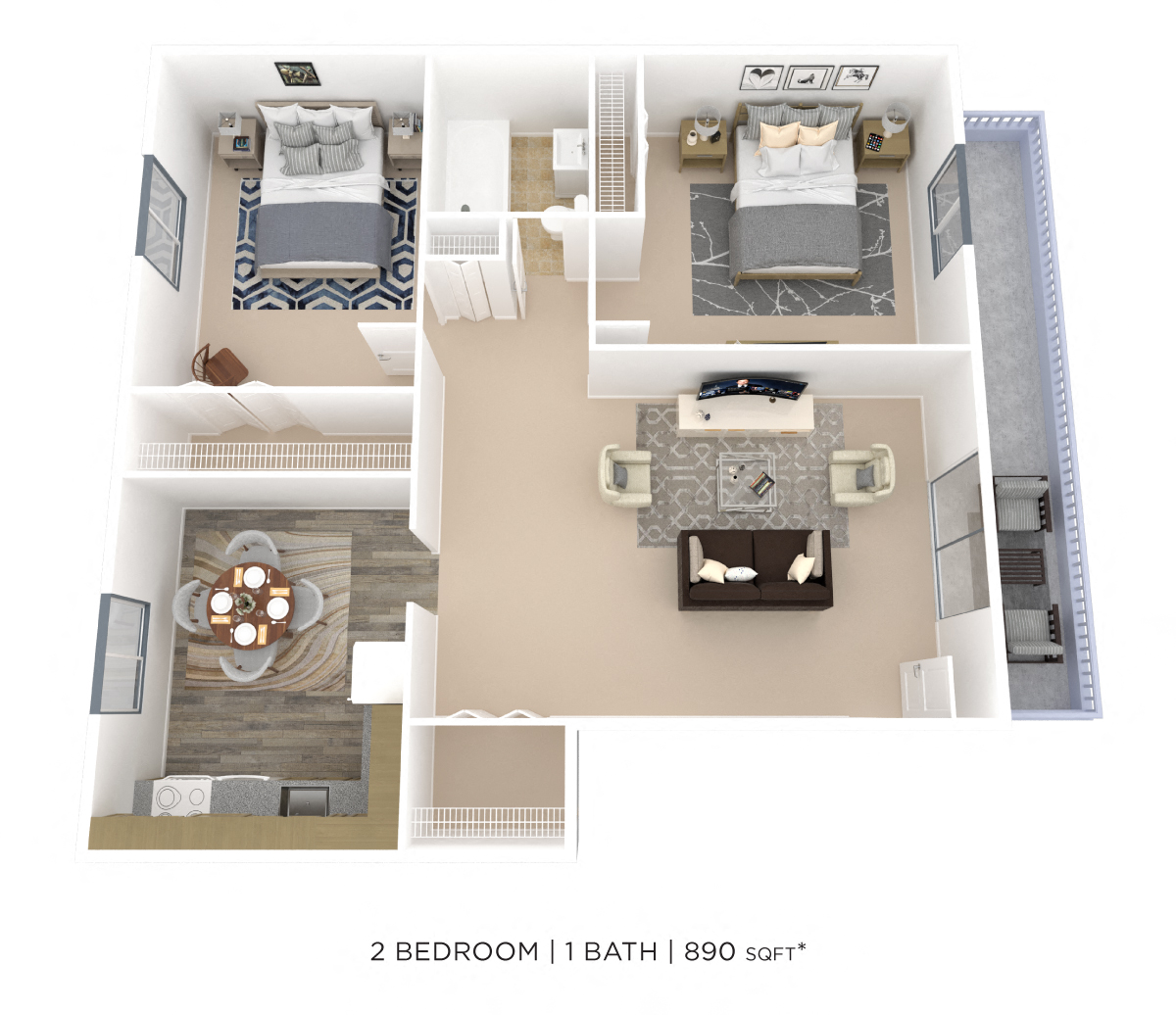 Floor plan for 2 beds, 1 bath, 890 sqft