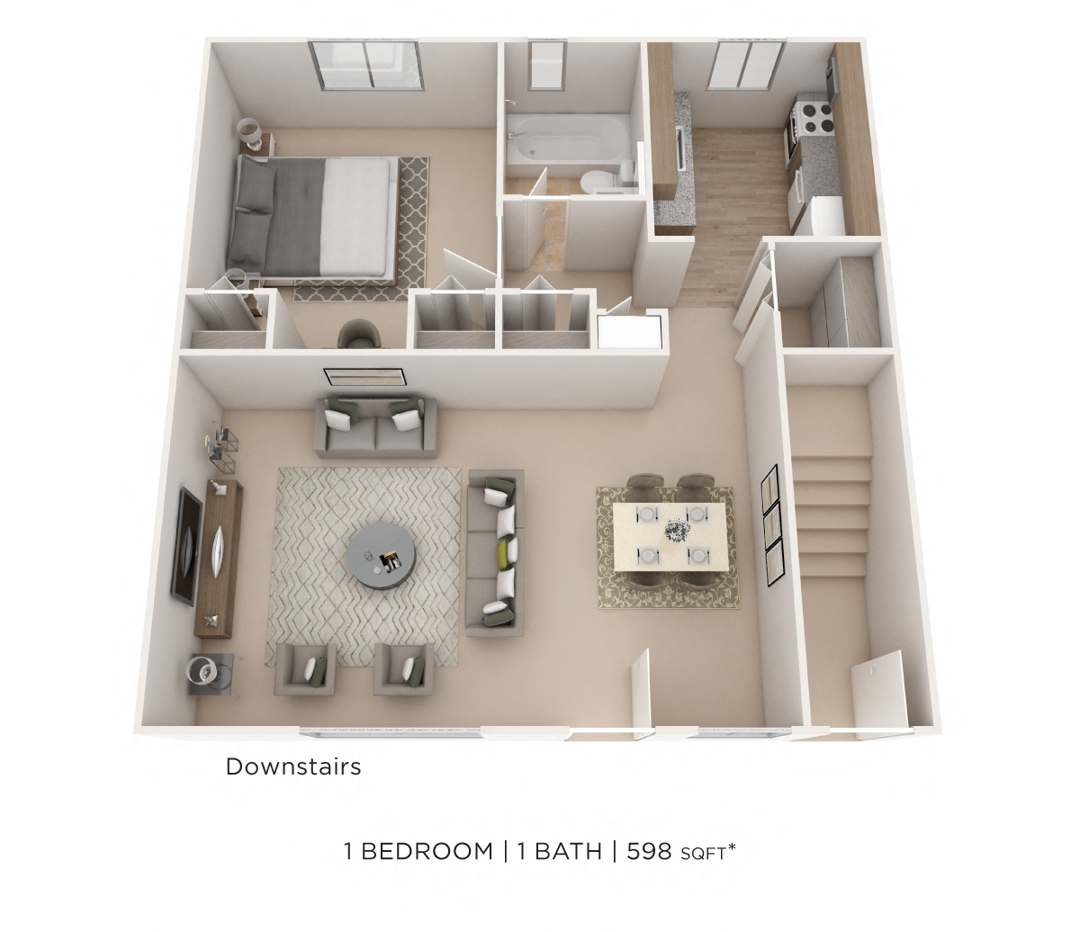 Floor plan for 1 bed, 1 bath, 598 sqft