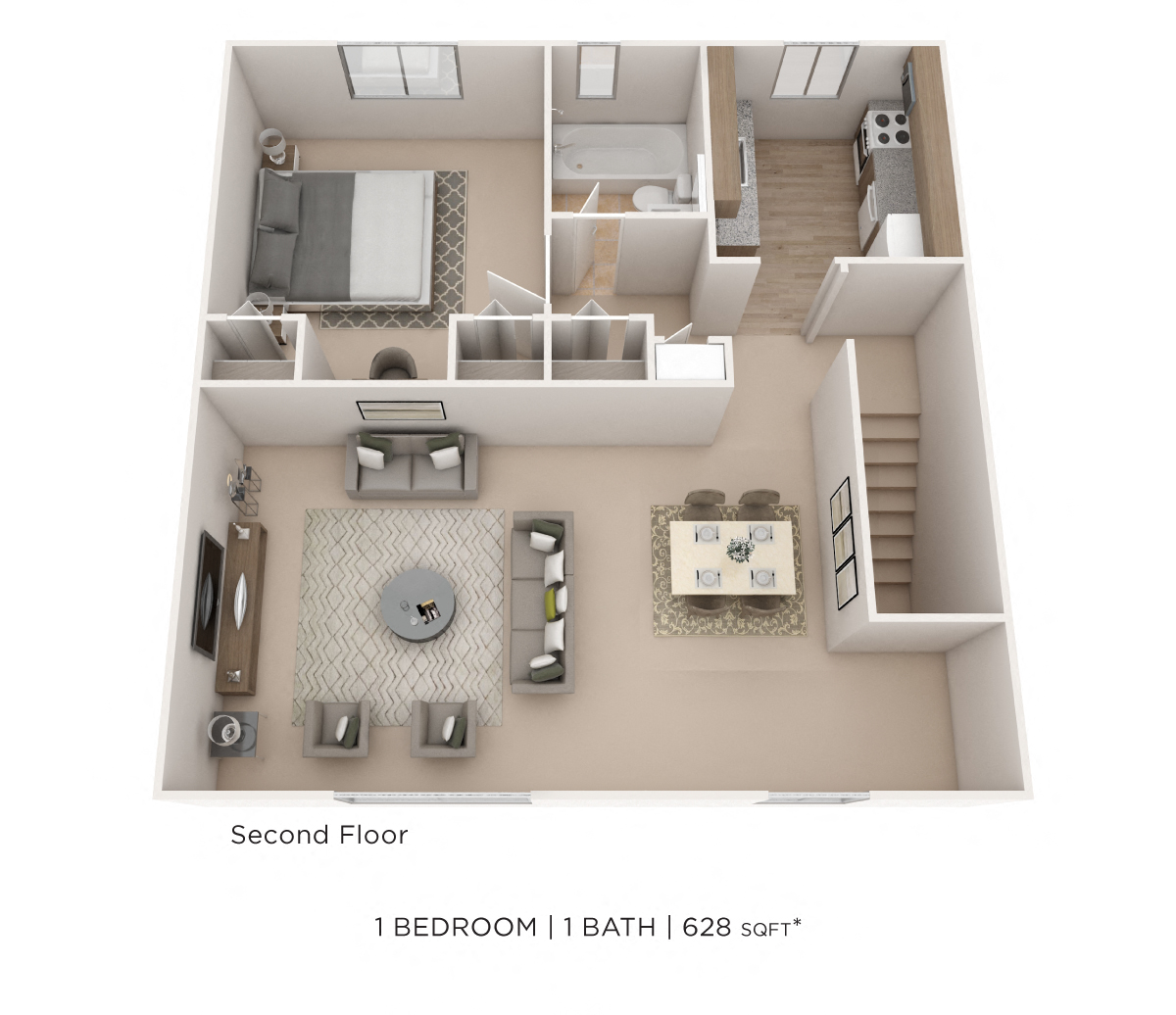 Floor plan for 1 bed, 1 bath, 628 sqft