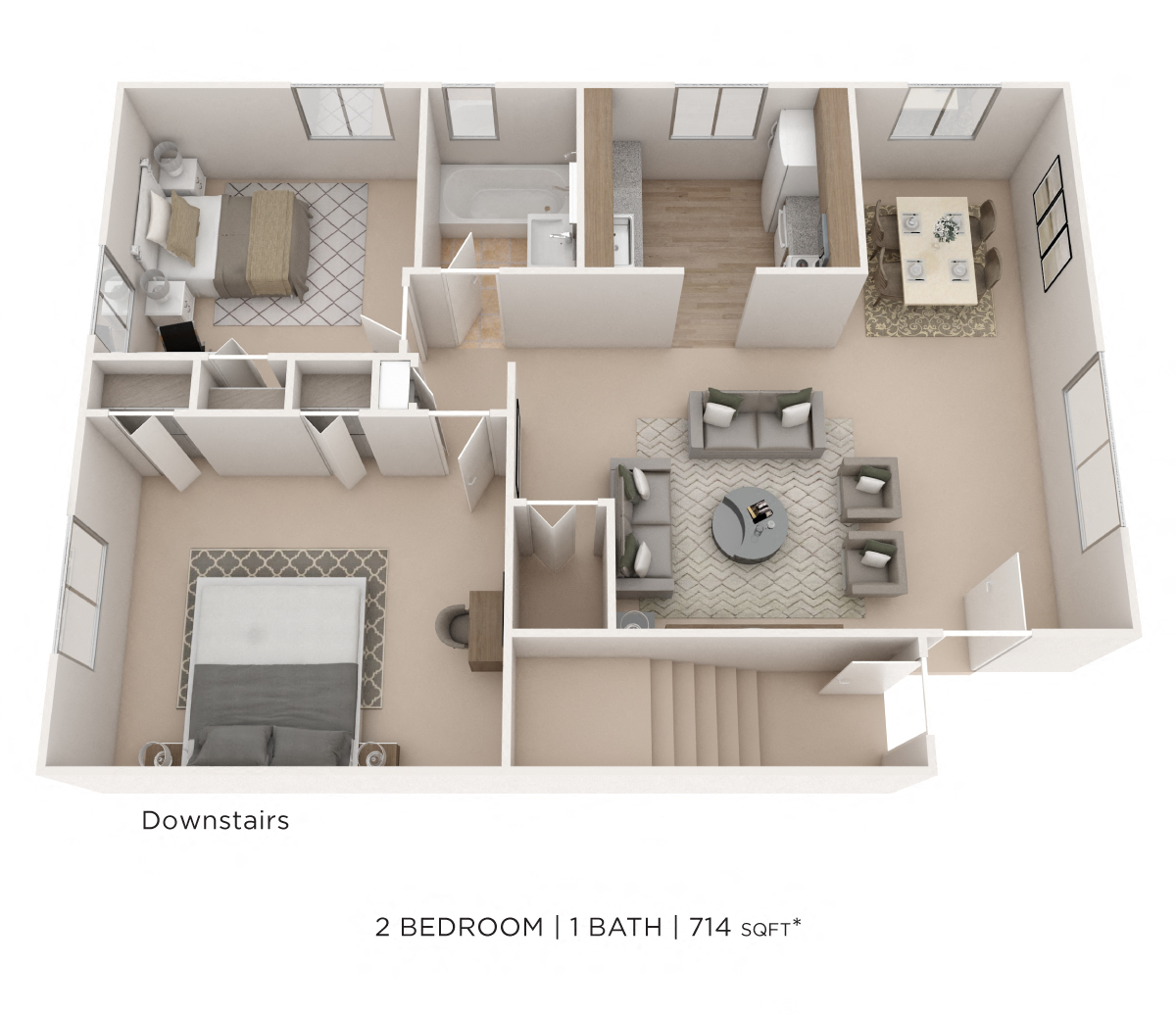 Floor plan for 2 beds, 1 bath, 714 sqft