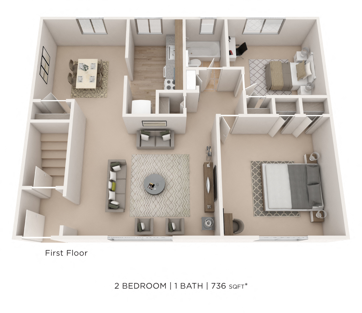 Floor plan for 2 beds, 1 bath, 736 sqft