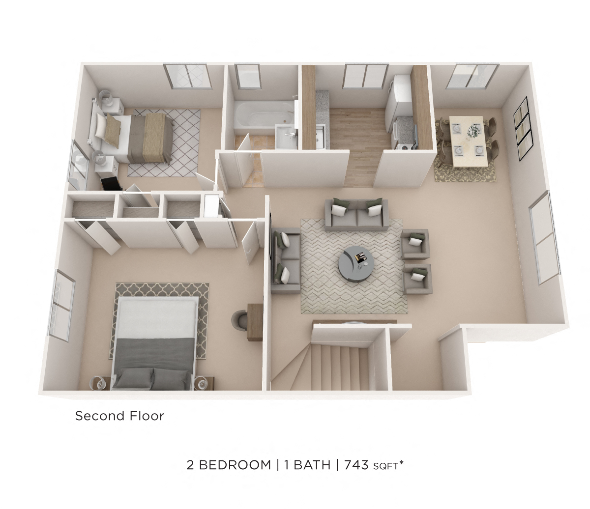 Floor plan for 2 beds, 1 bath, 743 sqft